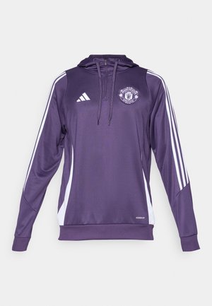 Purple athletic hoodie with white side stripes, featuring a logo on the chest and a half-zip design. Made from smooth, breathable fabric.