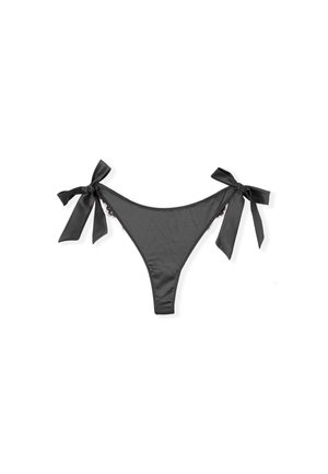 Parte inferior de bikini negra con lazos de satén a cada lado, material suave, diseño de cobertura mínima y acentos de encaje.