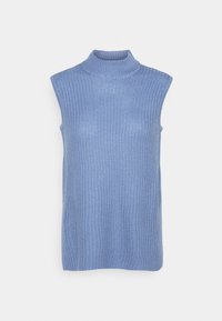 Haut sans manches en tricot avec col roulé, de couleur bleu clair. Présente une texture côtelée et une coupe droite, idéal pour être superposé.