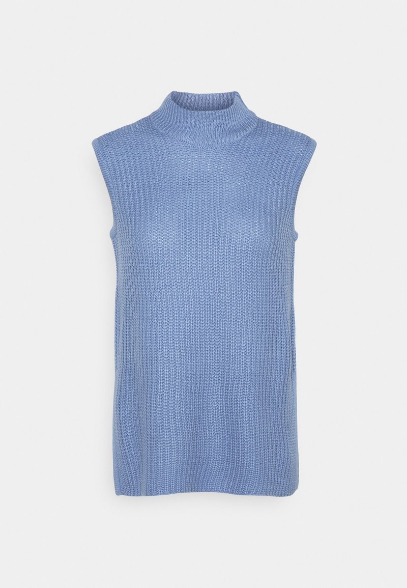 Haut sans manches en tricot avec col roulé, de couleur bleu clair. Présente une texture côtelée et une coupe droite, idéal pour être superposé.