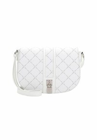 Borsa a tracolla bianca in pelle con motivo a diamante, hardware argentato e chiusura a scatto. Presenta un flap curvo e una tracolla regolabile.