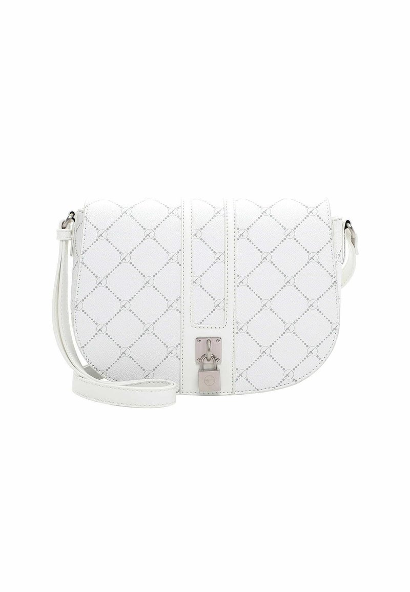 Borsa a tracolla bianca in pelle con motivo a diamante, hardware argentato e chiusura a scatto. Presenta un flap curvo e una tracolla regolabile.