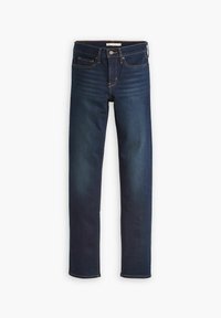 Mörkblå denimjeans med smal passform, fem fickor, subtila blekningar och orange sömnadsdetaljer. Ren fåll och inga synliga logotyper.