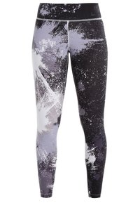 Legginsy z wysokim stanem w czarno-biało-lawendowy wzór w plamy. Wykonane z elastycznego, teksturowanego materiału zapewniającego komfort i swobodę ruchów.
