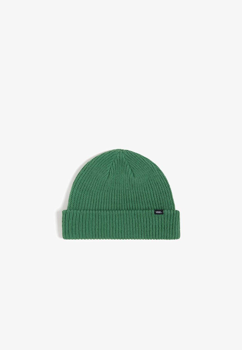 Green knitted beanie with a ribbed texture and folded cuff, featuring a small Vans logo tag on the side.
