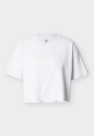 T-shirt bianca corta a maniche corte con scollo rotondo e piccolo logo Under Armour centrato sotto il colletto.