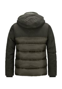 Grüne Kapuzenjacke mit gepolstertem unteren Bereich und strukturiertem oberen Bereich. Gerippte Bündchen und glatte Oberfläche. Vorderansicht.