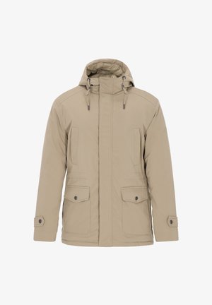 Beige isoleret jakke med hætte, der har to forlommer, justerbare snore og en glat tekstur.