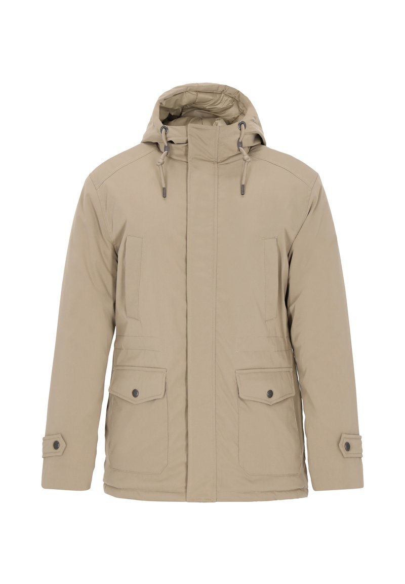 Beige isolierte Jacke mit Kapuze, zwei Fronttaschen, verstellbaren Zugbändern und einer glatten Textur.