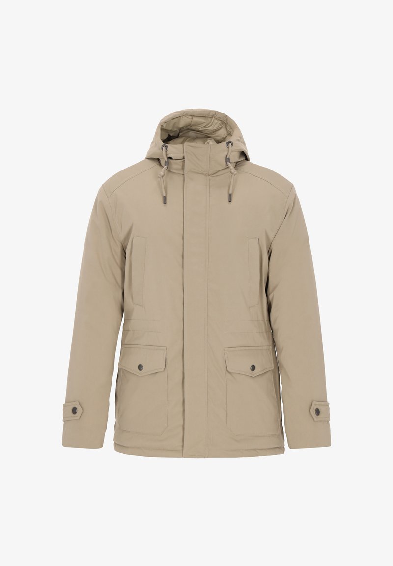 Beige isolierte Jacke mit Kapuze, zwei Fronttaschen, verstellbaren Zugbändern und einer glatten Textur.