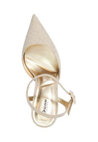 Pointed-toe heel in metallic beige with a shimmering textured surface, gold inner lining, and a decorative ankle strap.