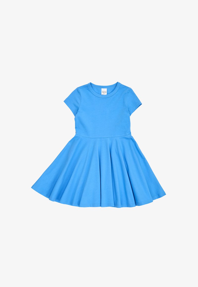 Robe bleue à manches courtes avec corsage ajusté et jupe évasée, fabriquée en tissu doux, adaptée au port décontracté ou quotidien.