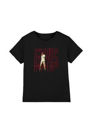 Schwarzes T-Shirt mit einer Grafik eines Mannes in weißem Anzug, der singt, vor großem rot umrandetem Text "ELVIS".