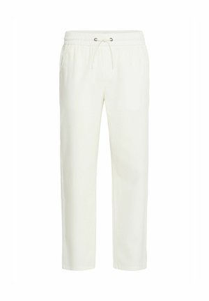 Pantalons de jogging en coton blanc avec une taille élastique, un lien de serrage et des jambes droites, présentant une texture lisse et un design minimal.