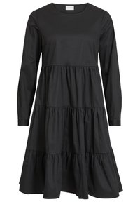 Schwarzes Langarmkleid aus Baumwolle mit einem gestuften Design, das aus drei gerafften Schichten und einem runden Ausschnitt besteht. Glatte Textur überall.