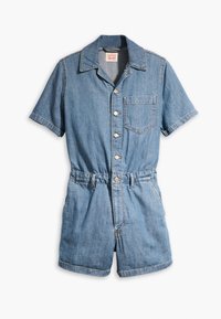 Džínový overal ve světle modré barvě, krátké rukávy, límec, zapínání na knoflíky, stažený pas a kapsa na prsou. Měkká textura s klasickým provedením.