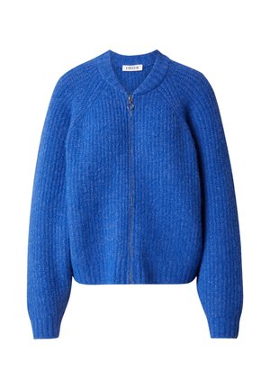 Blau gerippte Strickjacke mit einem Reißverschluss, rundem Kragen und langen Ärmeln. Weiche Textur mit einer körpernahen Silhouette.