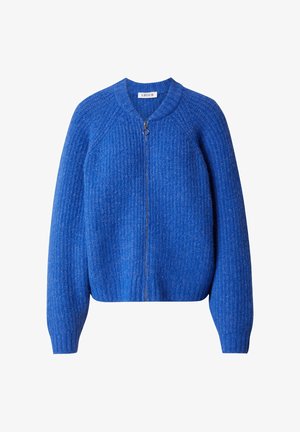 Blau gerippte Strickjacke mit einem Reißverschluss, rundem Kragen und langen Ärmeln. Weiche Textur mit einer körpernahen Silhouette.