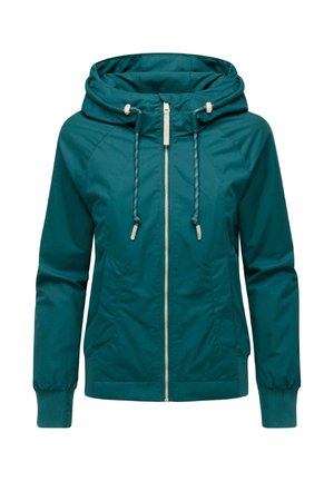 Teal väldräkt med huva, elastiska ärmslut och två framfickor. Har dragsnören och ett mjukt, lätt tyg.