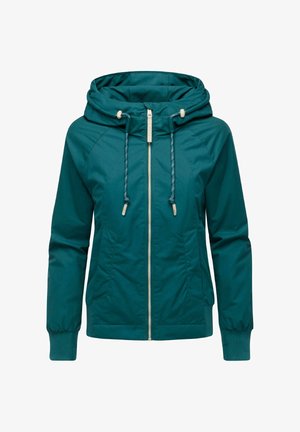 Teal zip-jacka med huva, elastiska ärmslut och två framfickor. Har dragsnoddar och ett smidigt, lätt material.