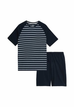 Marineblå kortærmet t-shirt med hvide vandrette striber kombineret med ensfarvede marineblå shorts med snor.