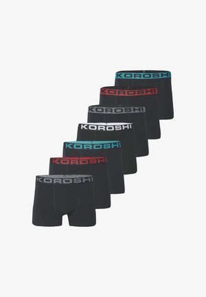 Conjunto de calzoncillos bóxer negros con cinturillas elásticas en varios colores: turquesa, rojo, gris y negro, con la marca "KOROSHI" destacada.