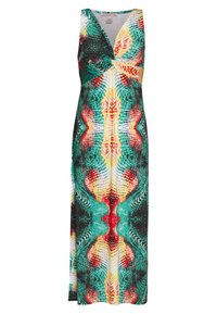 Robe maxi avec un motif de serpent multicolore et vibrant. Fabriquée en tissu lisse, avec un décolleté en V profond et un design sans manches.