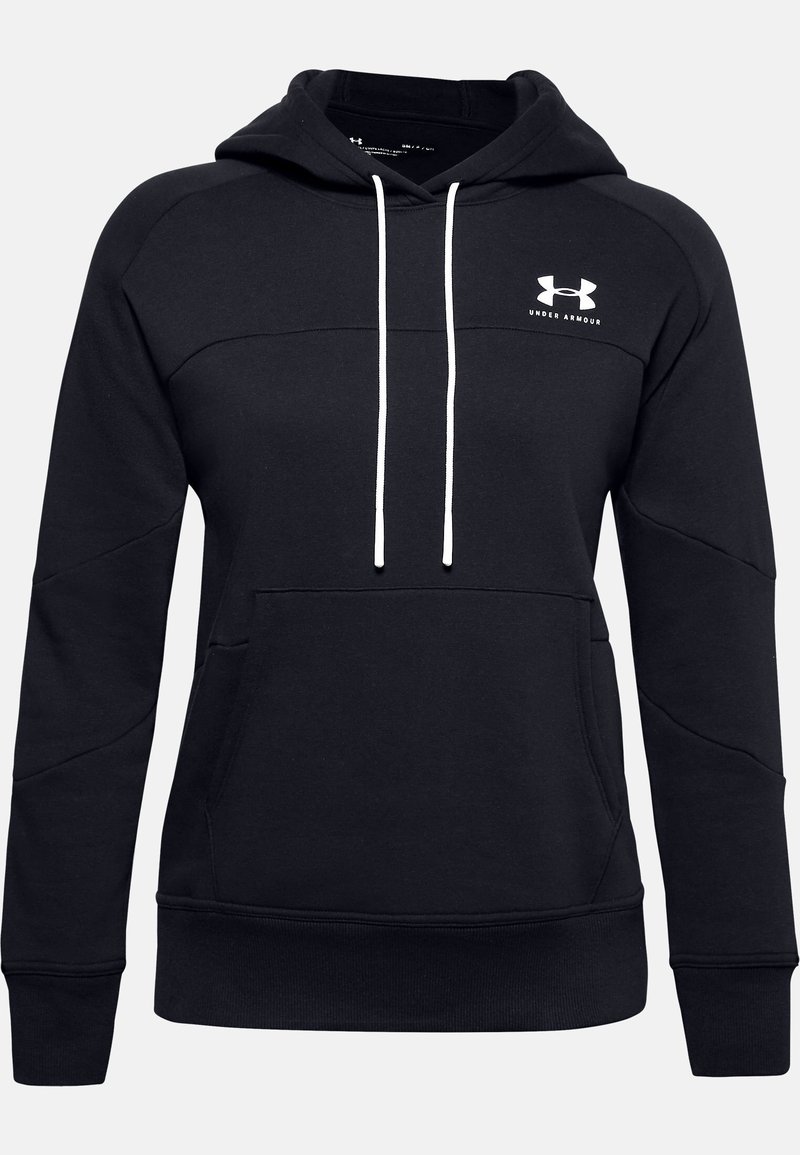 Černá mikina s klokankou, bílé tkaničky a malé bílé logo Under Armour na hrudi. Vyrobena z měkké, strukturované tkaniny.