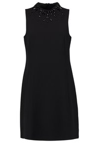 Černé bezramínkové šaty s vysokým výstřihem, zdobené černými korálky kolem límce. Hladká tkanina, silueta do A.