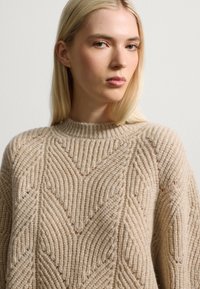 Beige gestrickter Pullover mit hohem Kragen, der ein strukturiertes Chevron-Muster und abgesenkte Schultern für eine lockere Passform aufweist.