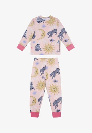 Children's pajama set in soft pink fabric; long-sleeve top with sun and leopard print; pants feature matching designs; pink cuffs.