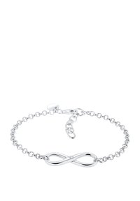 Silverarmband med en mittsymbol i form av oändlighet som har en liten rund accent. Länkarna är cirkulära, med ett lås och en förlängningskedja.