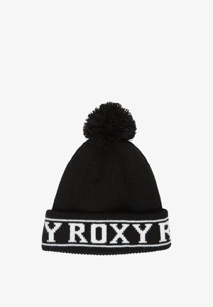 Czarna dziana czapka z pomponem i podwiniętym mankietem z białym napisem "ROXY" wokół krawędzi.