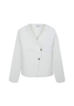 Weißes Wickelstrickoberteil mit langen Ärmeln, das einen tiefen V-Ausschnitt und zwei metallische Knöpfe auf der Vorderseite aufweist. Glatte Textur, minimalistisches Design.