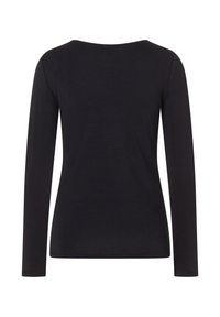Zwarte langslouchshirt met een ronde halslijn. Gladde textuur en een aansluitend ontwerp. Geen zichtbare patronen of versieringen.