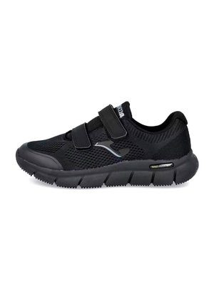 Zapatillas deportivas negras con parte superior de malla, correas dobles de Velcro y suela acolchada, con suela exterior de goma negra texturizada y un sutil detalle de logo.