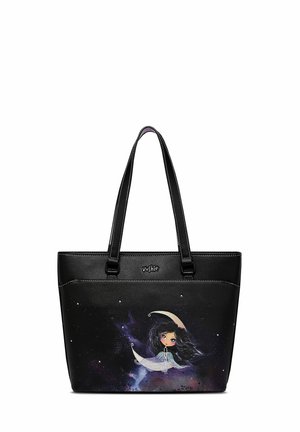 Černá syntetická taška na rameno s dvojitými uchy, s barevným motivem dívky na měsíci a kosmickým pozadím.