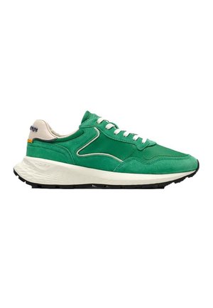 Sneaker in pelle scamosciata verde e tessuto con lacci bianchi, linguetta beige sul tallone, suola bianca spessa e battistrada nero visibile di lato.