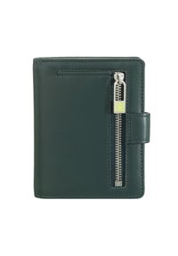 Billetera de cuero verde oscuro con un bolsillo frontal con cremallera, herrajes plateados y un cierre a presión. Textura suave con detalles de costura ordenados.