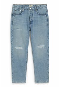Ljust blå denimjeans med avslappnad passform, med slitna lappar på låren och klassisk femficksdesign.