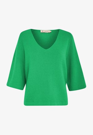 Groene gebreide top met een V-hals en korte, brede mouwen. Glad textuur, ontspannen pasvorm en minimalistisch ontwerp.