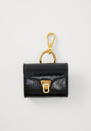 Black leather keychain pouch with textured surface, gold hardware, and a clasp. Features a structured design with a rectangular silhouette.