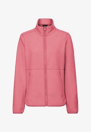 Giacca in pile rosa chiaro con collo alto, cerniera frontale completa e due tasche laterali. Tessuto strutturato, caldo con una finitura liscia.