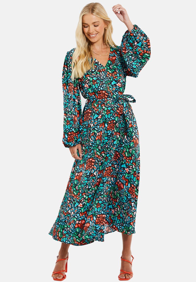 Maxikleid mit langen Puffärmeln in einem lebhaften mehrfarbigen Blumenmuster, mit Wickeldesign und gebundenem Taillendetail.