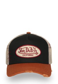 Casquette trucker noire et beige avec une visière marron, arborant un patch logo rouge et crème portant l'inscription "Von Dutch California." Accents vieillis sur la visière.