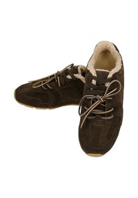 Scarpe stringate in suede marrone con una morbida fodera interna, design superiore testurizzato e suola in gomma. Presentano lacci marroni attorcigliati.