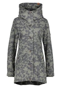 Chaqueta verde-gris con estampado floral, cuello alto, grandes bolsillos delanteros y cierres de botones. Presenta puños elásticos y un dobladillo ligeramente curvado.