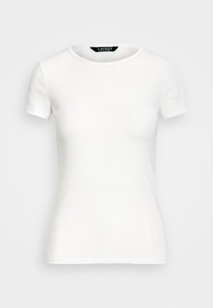 T-shirt branco de algodão com mangas curtas, gola redonda, design ajustado e textura suave. Etiqueta do logotipo na gola.