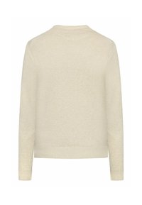 Pulover bej deschis, textură tricotată, mâneci lungi, decolteu rotund, tiv și manșete cu model elastic, design fără cusături pe spate, stil simplu și minimalist.
