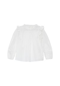 Blouse blanche à manches longues avec des accents froncés sur les épaules, un devant texturé et une fermeture à bouton à l'arrière. Matériau en coton doux et léger.